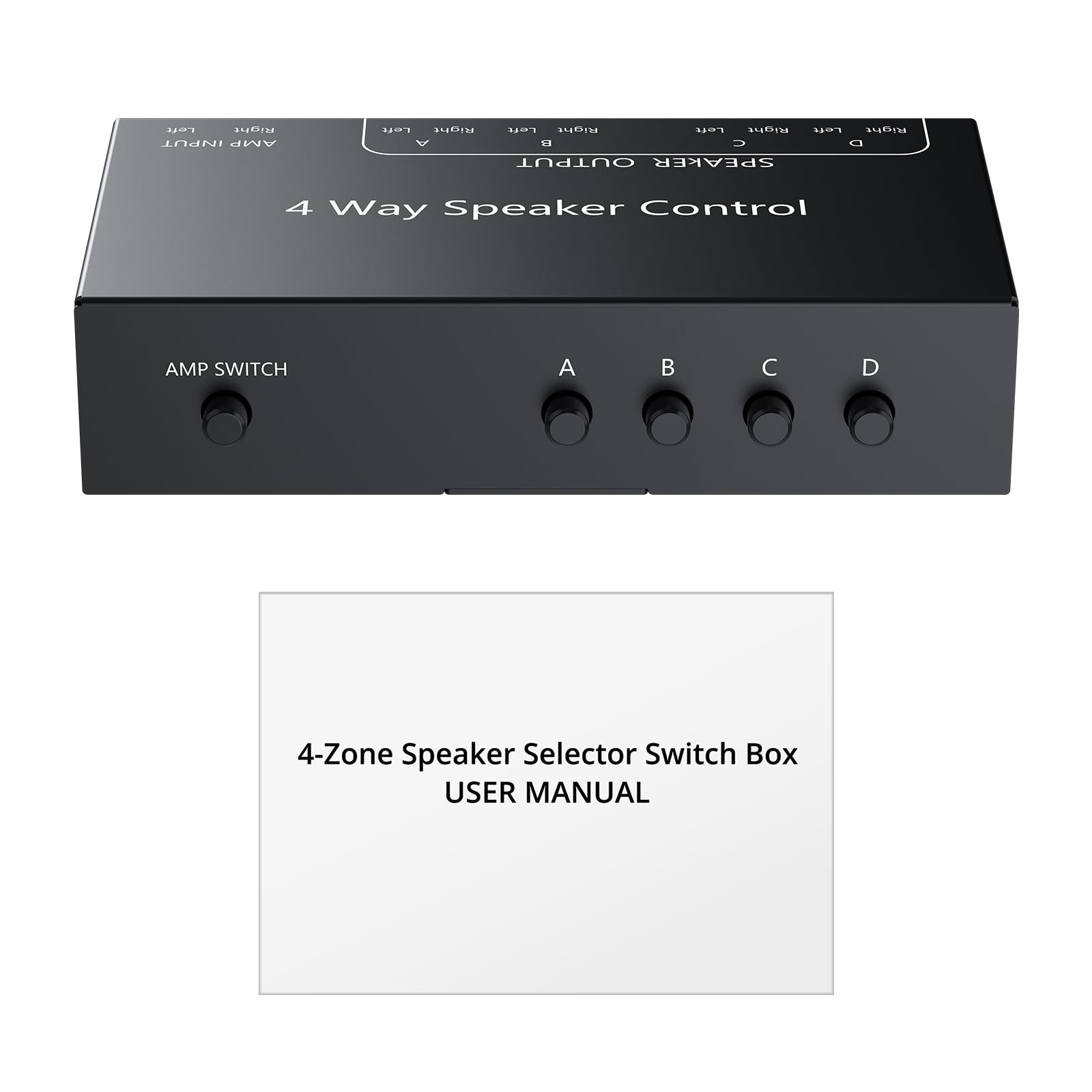 PROZOR Sélecteur Haut-Parleurs 4 Zones Passif 1 Entrée 4 Sorties avec Boutons A/B/C/D et Interrupteur Maître 150W/Canal Bornes à Ressorts pour Maison Commerce