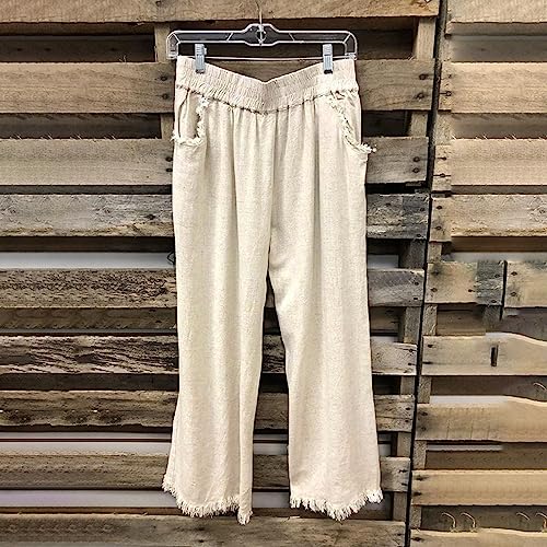 Women Summer Vintage Solid Color Pants Casual Wide Leg Elastic Waist Trousers Cloth Style Loose Fitting Soft (Beige, XL)2