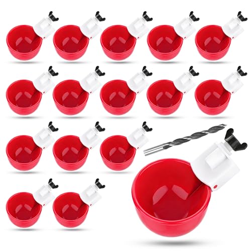 JUCRON 16 Pack Auto Chicken Poultry Waterer Cups Feeder for Diy Chicken Coop Automatic Watering Cup Dispenser Drinker Bebederos De Agua Para Gallinas with Mounting Hole Opener Double Leak-proof Washer