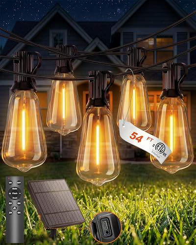 Pesken Solar String Lights Outdoor Waterproof, 54FT Patio Lights Solar Powered with Remote & USB, 10 Brightness Levels & Timer, 3 Light Modes, 15+1 ST38 LED Shatterproof Bulbs for Backyard, Camping