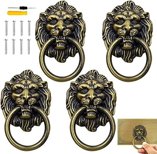 GZLFH 4 Stk Möbelgriffe Löwenkopf, 90 x 51mm Mittel Bronze Türklopfer Antik Löwe Schrankgriff mit 8 Schrauben 1 Schraubendreher Wird in Verschiedenen Tür Möbelknöpfe Cover