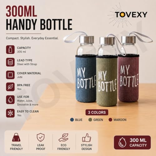 Image of 300ml Glass Water Bottle with Jute Sleeve & Carry Strap | Leakproof Airtight Lid | Reusable Glass Drinking Bottle for Water, Juice, Milk for Office, Gym, Travel & Home (300 ml, 1 count)