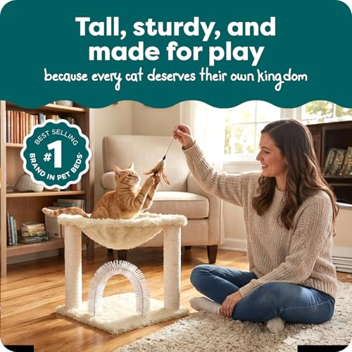 Image of FurHaven 17.3 inch Tall Cat Scratching Post Tower for Indoor Cats, Sisal Cat Tree, Tiger Tough Hammock Interactive Playground, Toys & Perches for Cats, Sisal, Cream