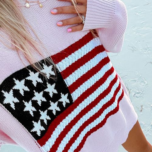 Image of Womens American Flag Sweater Long Sleeve Crew Neck Star Graphic Knit Pullover Tops Casual Loose USA Sweater