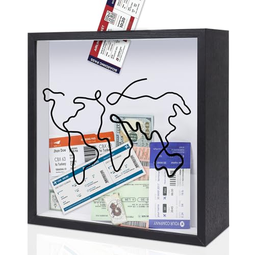 ZEEYUAN - ZEEYUAN 12x12inch Travel Adventure Archive Box Life in a Box Travel Frame, Top Loading Shadow Box with Slot Tickets Box Travel Memory Box for Keepsake, Black