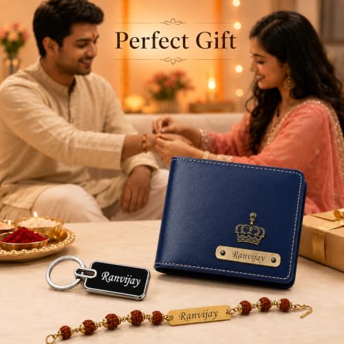 Image of SAVRI Rakshabandhan Gift for Brother | Customized Men's Leather Wallet with Name & Charm, Personalized Metal Keychain & Customized Rudraksha Rakhi with Name | Rakhi Gift for Brother