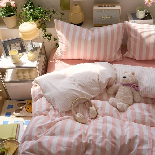 Image of EAVD Pink Striped Duvet Cover Twin XL Soft Washed Microfiber Pink White Vertical Striped Bedding Set with 2 Pillowcases Modern Farmhouse Geometric Pattern Duvet Cover with Zipper Closure