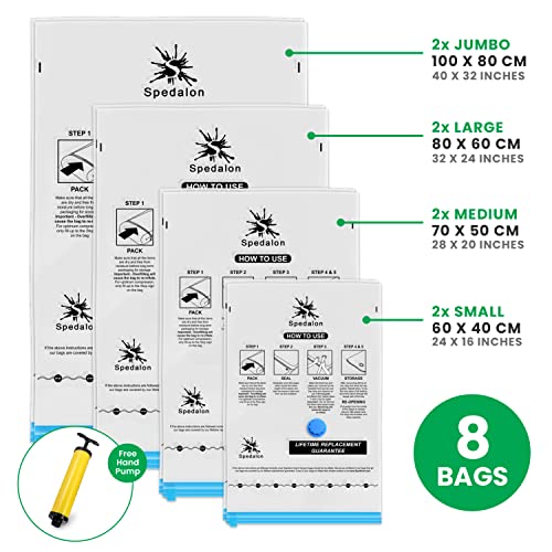 Vacuum Storage Bags - Pack of 8, 2 x (Jumbo + Large + Medium and Small) Reusable with Free Hand Pump for Travel Packing - Best Sealer Bags for Clothes, Duvets, Bedding, Pillows, Blankets, Curtains