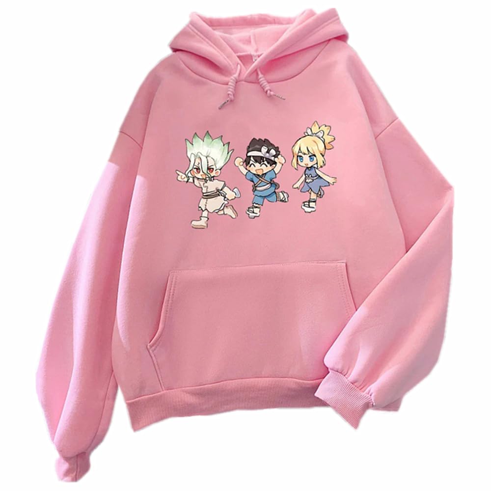 Charous Anime Dr.STONE Ishigami Senku Cartoon Print Hoodie,Unisex Thicken Soft Sweatshirts Used For Manga Fans Cosplay Pink