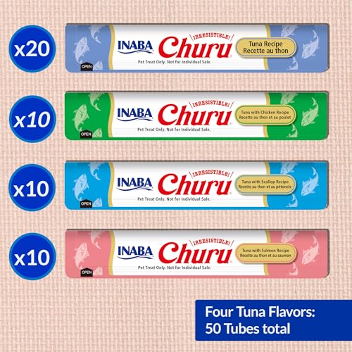 Image of INABA Churu Cat Treats, Lickable, Squeezable Creamy Puree Cat Treat with Green Tea Extract & Taurine, 0.5 Ounces Each Tube, 50 Tubes, Tuna Variety