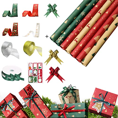 sfesnid 14 Rollos Papel de Regalo Navidad(50 X 70 cm) + 3 Piezas Lazo de Envolver Regalo + Cinta de RasoRegalos