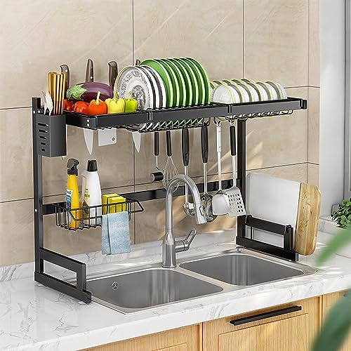 Escurridor de platos de acero inoxidable sobre fregadero: organizador de cocina grande para almacenamiento de platos y cubiertos con soporte para cuchillos, solución de ahorro de espacio para cocinar