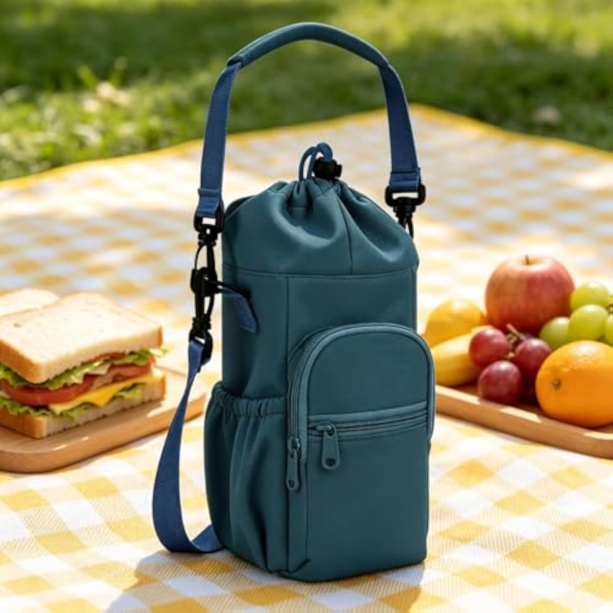 Insulated Water Bottle Bag with Zip Pocket, Black