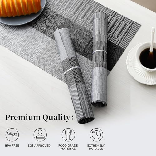 Image of Placemats Set of 6 Dining Table Place Mats | Placemats Table Mat PVC Material | Non-Slip Heat Resistant | Dining Tablemates Washable Anti-Skid | Size 45 x 30cm (Grey Black Stripe)