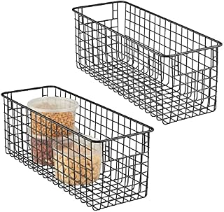 mDesign Koszyk druciany na przyprawy, żywność, do szafki, spiżarni, kuchni, łazienki Kosz do przechowywania z uchwytami Głęboki koszyk metalowy 2-pack Czarny mat