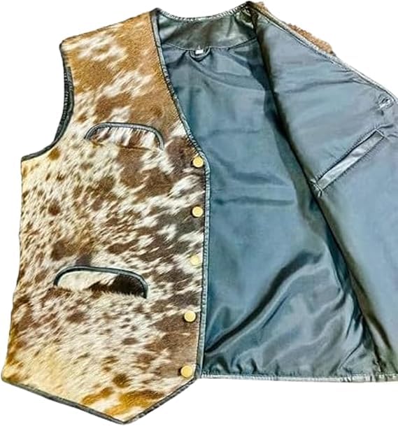 Image of Men's Real Cowhide Leather Hair-on Vest ► Old Western Cowboy Leather Vest For Mens : Natural Cow Hair vest