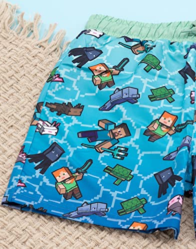 Minecraft Boys Swim Shorts | Blue & Green OR Green Creeper Options | Swimming Trunks with Creeper Steve Alex TNT Explosive Game Characters | Gaming Swimwear Merchandise Gift for Children & Teens