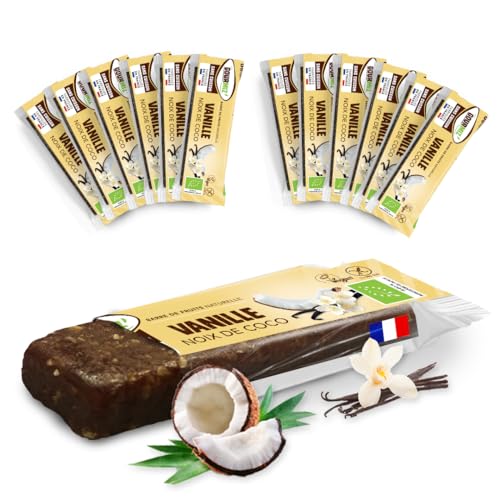Gourmiz' - 12 x 35gr, barritas energeticas, coco, vaina de vainilla Bourbon, dátiles, barritas proteinas sin azucar añadido, sin gluten, vegano, snacks, protein bar, proteina vegana