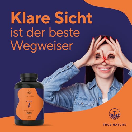 Vitamin A – 365 Tabletten (3.000 µg) – Retinol hochdosiert (10.000 I.E.) – Vit A Kapseln Alternative – Direkt verwertbare Form – Vegan, ohne Zusätze, deutsche Produktion – TRUE NATURE® – Bild 3