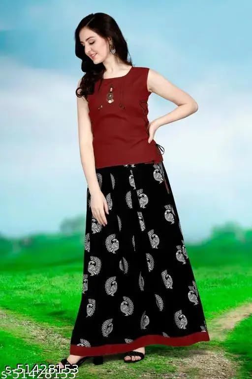 MILASTRU Women's Cotton Ethnic Top and Skirt Set, Sleeveless Yellow Kurti with Black Printed Long Skirt, Motif Design (Standard, Purple, 2XL) 1
