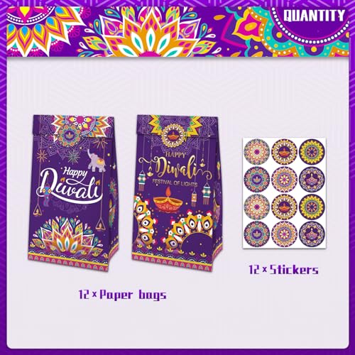 KYMY-Diwali-Party-Treat-Bags-12pcs-Diwali-Rangoli-Gift-Candy-Bags-with-Stickers-India-Festival-of-Lights-Gift-Goodie-Bags-India-Deepavali-Party-Favor-for-Indian-Celebration-Supplies-Decoration