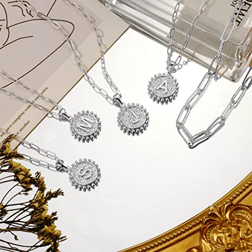 Yesilver Silver Necklace For Women Girls, 14K White Gold Plated Dainty Paperclip Link Chain Necklace Personalized Coin Letter K Necklace Silver Layered Initial Necklaces For Women Girls Gifts #TOP6