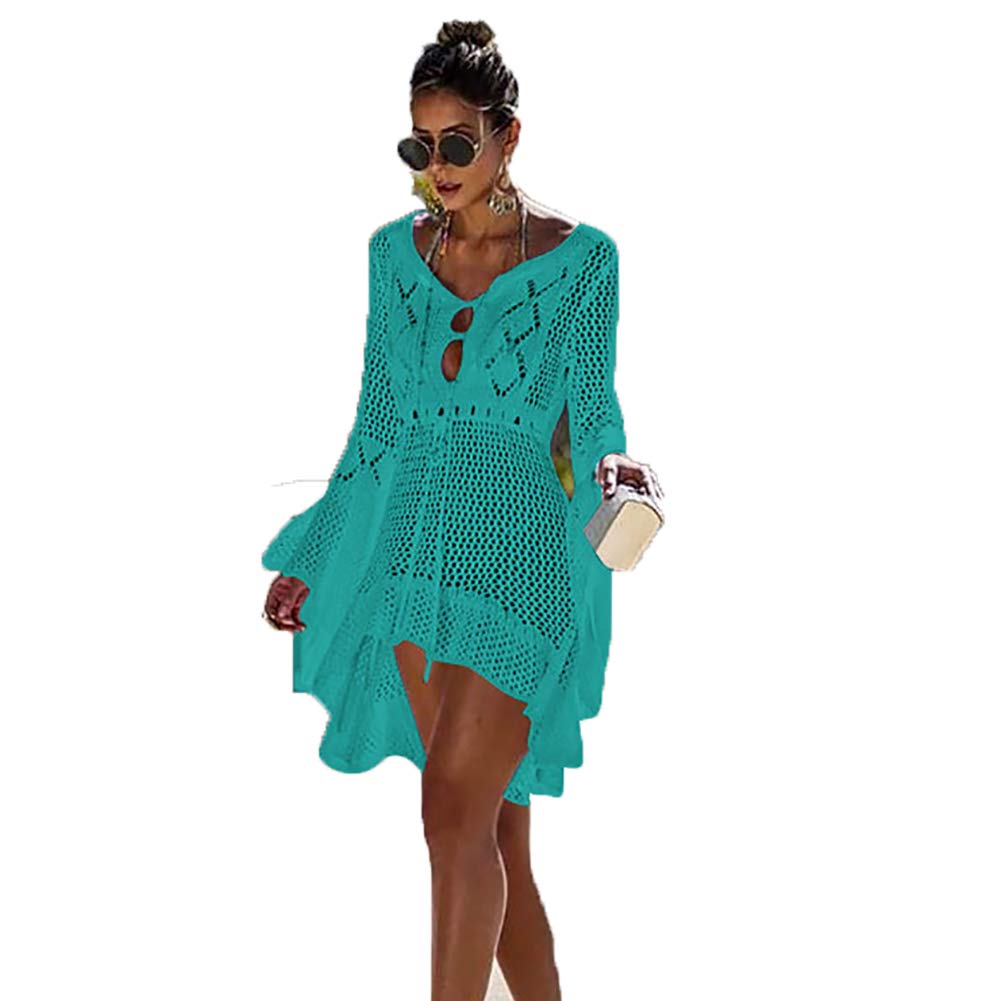 Ulalaza Women's Hl3681-Lake Blue ’S Sunscreen Bathing Suits Cover Ups Lace Crochet Bikini Dresses Beachwear Hollow Out