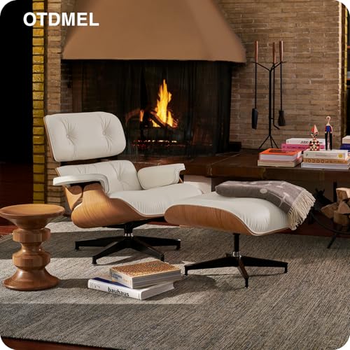 Image of Mid Century Modern Top Grain Leather Chaise Lounge Chair & Ottoman | Modern Classic Recliner with Heavy Duty Base, Fixed Tilting for Living Room, Study, Lounge & Office, Walnut White