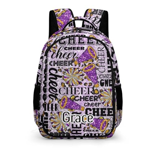 Cheer Cheerleader Backpack Cheerleading BookBag Custom with Padded Bag Name Cheer Team Spirit Gym Bag for Girls Teens, Water-Resistant School Backpack(Purple Yellow)