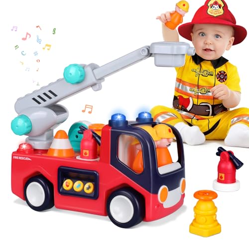 Image of Yunaking Fire Truck Toys for 2 Year Old Boys Girls Montessori Early Educational Learning Toy with Firefighting Tools Baby Push Cars for 2 3 Year Old Boy Birthday Gifts with Sound Lights Effect