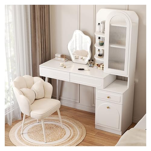 Escritorio de maquillaje blanco con cajones armarios luces LED espejo y silla para dormitorio