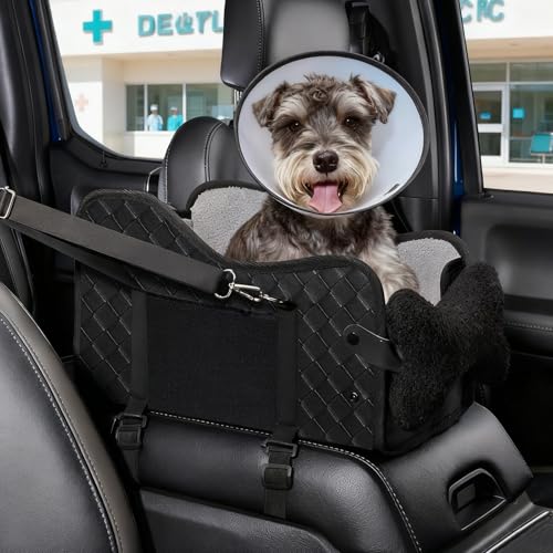 Hunde Autositz für kleine Hunde, Hundesitz Auto Mittelkonsole mit Sicherheitsgurt, Verstellbarem Weichen Kissen, Tragbarer Hundebett Auto für Kleine Haustiere