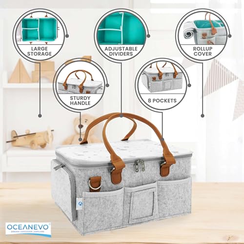 Image of OCEANEVO Cute Diaper Caddy Organizer Bag WITH Lid, Changing Mat & Luggage Tag | New Born Baby Essentials Storage Basket with Compartments and Removable Shoulder Strap | 40 x 27 x 19 Cm - Grey