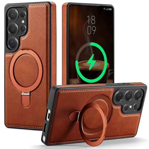 CHEEWADA for Samsung Galaxy S25 Ultra Case with Stand Compatible with Magsafe, Slim PU Leather & Rubber Drop Proof Magnetic Kickstand Protective Phone Cases Cover for Galaxy S25 Ultra 6.9', Brown