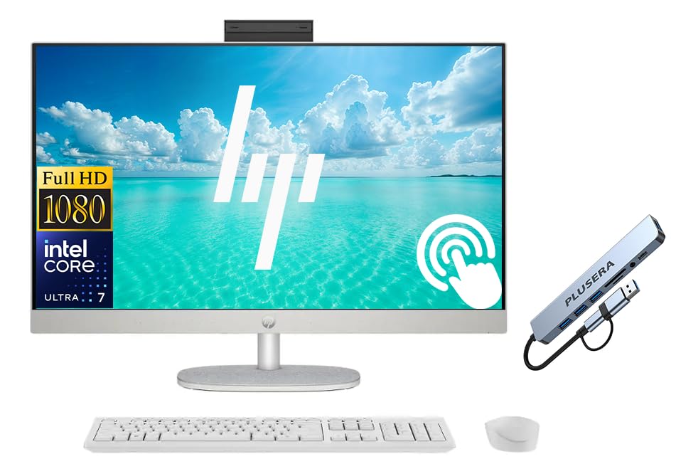 HP 27" FHD Touchscreen All-in-One Desktop PC, 32GB RAM 1TB SSD, 12-core Intel Core Ultra 7 Processor, Windows 11, Wireless Keyboard & Mouse with PLUSERA 8-in-1 Hub Included, White 32GB RAM | 1TB SSD Intel Core Ultra 7