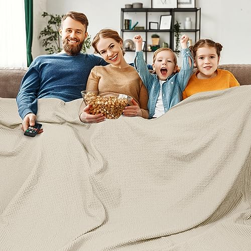 Image of PHF 100 Cotton Waffle Big Family Oversized Blanket, 120 inch X 120 inch Linen /Stone