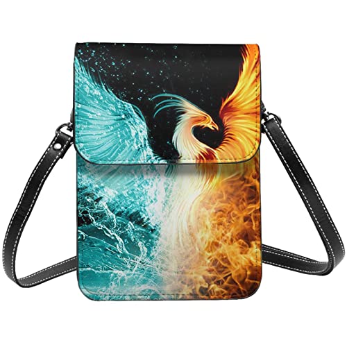 Sac à bandoulière imprimé Fire and Water Phoenix en cuir noir pour téléphone portable