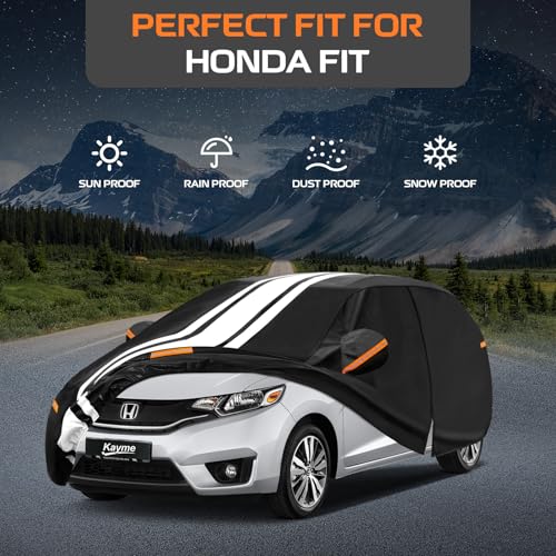 Image of Kayme Heavy Duty Car Cover for Honda Fit (2006-2021) Waterproof | Gift with Tape /Towel /Bag, Outdoor Full Exterior Cover Rain Snow Sun UV Protection, Soft Cotton Inner Protect Vehicle Paint