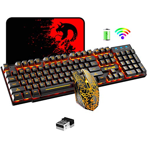 Wireless Gaming Keyboard and Mouse,Rechargeable Orange Backlit Keyboard Mouse with 3800mAh Battery,Mechanical Feel Gaming Keyboard,7 Color Gaming Mute Mouse,Gaming Mouse Pad for PC Gamer