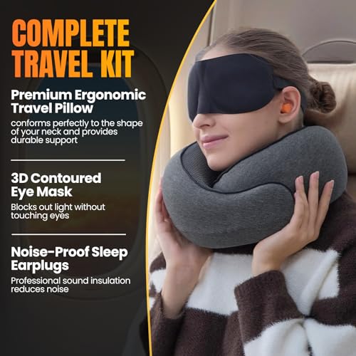 Image of LOEXAIR Travel Pillow, Neck Pillow Travel for Airplane, Car - 100% Cotton Fabric & Memory Foam Plane Pillow, Lightweight & Easy-to-Carry on Flight, Full Travel Set (Eye Mask, Earplugs) - Dark Grey
