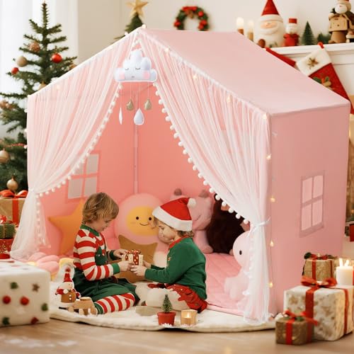 xiaowantong Large Kids Play Tent, 55.1in Length, Fits 3-4 Children,Indoor Playhouse for Kids, with Padded Mat and Lights, Bed Tent for Toddler, Birthday for Boys Girls