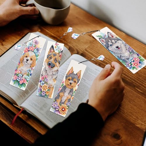Image of 4 Pieces Diamond Art Painting Bookmarks for Adults 5D Floral Rhinestone Bookmarks Animal Dog Art Bookmarks DIY Diamond Painting Bookmarks with Tassels Crafts Supplies