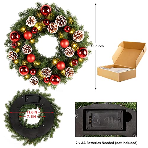 Lulu Home Christmas Front Door Wreath, 15.7" Pre-Lit Wreath With Christmas Balls And Pine Cone, Battery Operated 40 Led Light Up Xmas Wreath Decorative Hanging Ornament #TOP1