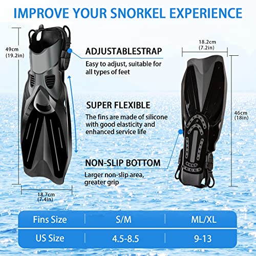 2023 Version Snorkel Set, Mask Fins Snorkeling Gear Adults, Snorkel Goggles Panoramic View Anti-Fog Anti-Leak Dry Top Snorkel And Dive Flippers Kit With Gear Bag For Diving Training（Black #TOP5
