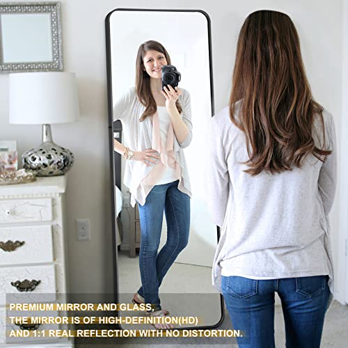 Image of NeuType 65 inchx22 inch Full Length Mirror Floor Mirror with Stand Large Bedroom Mirror Wall-Mounted Mirror Standing or Leaning Against Wall Aluminum Alloy Frame Dressing Mirror, Black, Round Corner