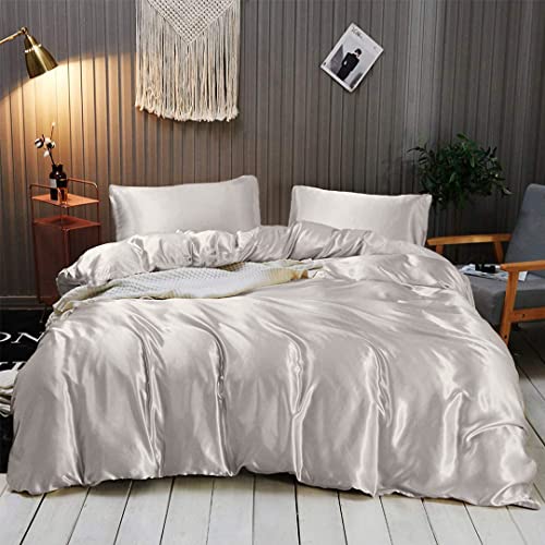 Rico Bedding 100% Pure Silk Satin Duvet With Fitted Sheet Set 4Pcs, Silk Satin Fitted Sheet 15'' Deep Pocket,Silk Satin Duvet Cover,Silk Satin Pillowcases Set !!!(Queen Ivory) #TOP29