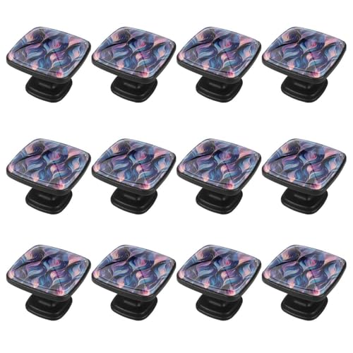 IROLSKDNFH 12 Pieces Cool Purple Pattern Glass Knobs for Dresser Drawers, 1.37 x 1.10 in Square Kitchen Cabinet Pulls for Home Office Nursery Kids Room