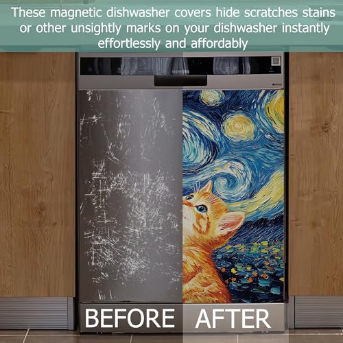 Image of Cute Cat Dishwasher Magnets Decorative Cover,Blue Starry Night Waterproof Magnetic Dishwasher Cover Panel,Refrigerator Magnet Cover for Kitchen Home Decor 23x26 Inch