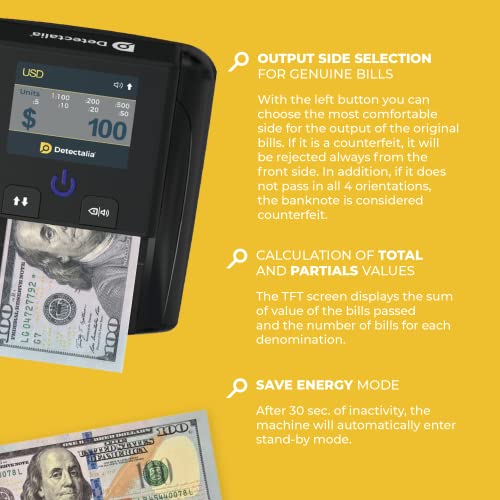 Detectalia 7-Point Automatic Counterfeit Bill Detector For Usd And Eur Money In 4-Way - Money Counter Machine With Tft Color Display And 100% Fake Detection - Tested By European Central Bank #TOP6