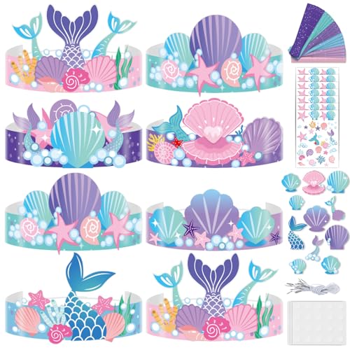 Qyeahkj 24 Pcs Mermaid Birthday Party Crowns Under the Sea Ocean DIY Crown Craft Kits Art Set Paper Mermaid Party Favor Hats Paper Princess Headband Making Kit Party Decorations Supplies for